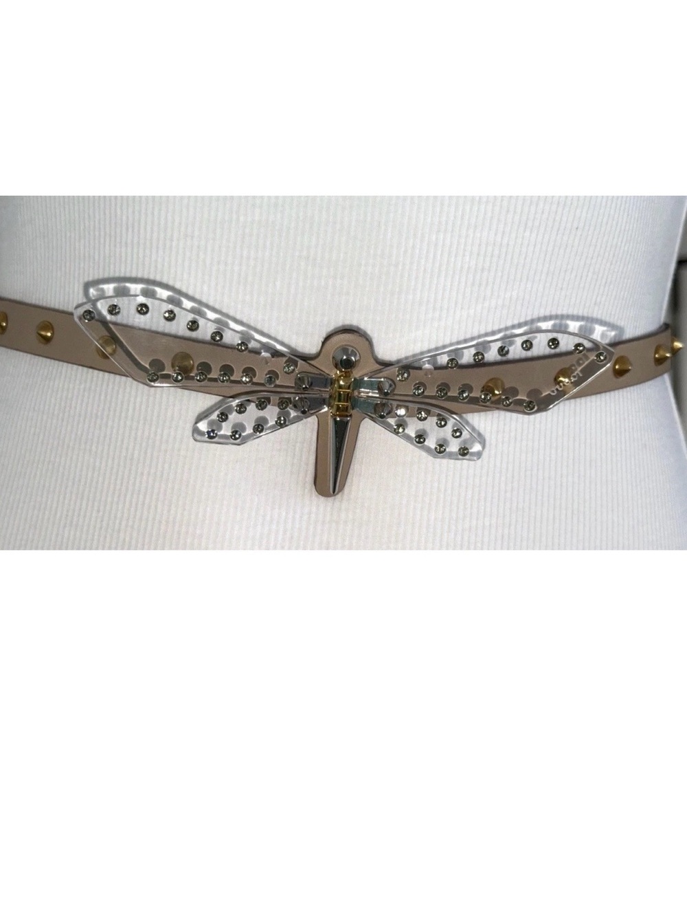 GUCCI studded Beige Leather Dragonfly Belt With Crystal Wings 75cm